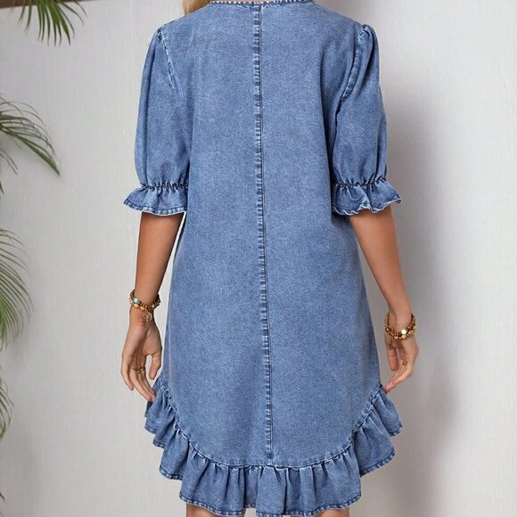 Blue Casual Women's Round Neck Short Puff Sleeve Denim Dress With Ruffled Hem - Picture 2 of 5